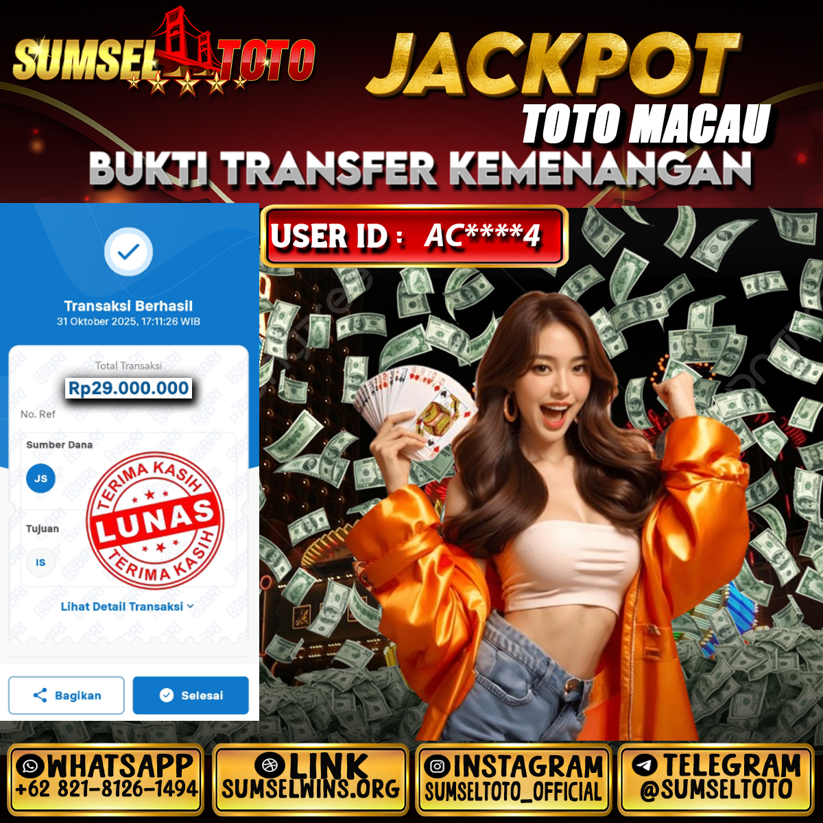 SUMSELTOTO JACKPOT TOGEL TOTO MACAU Rp.29,000,000.,- LUNAS